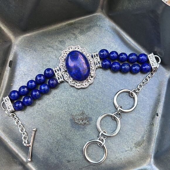 NIB Lapis Lazuli Stone Double Strand Bracelet, Silver - Picture 5 of 8